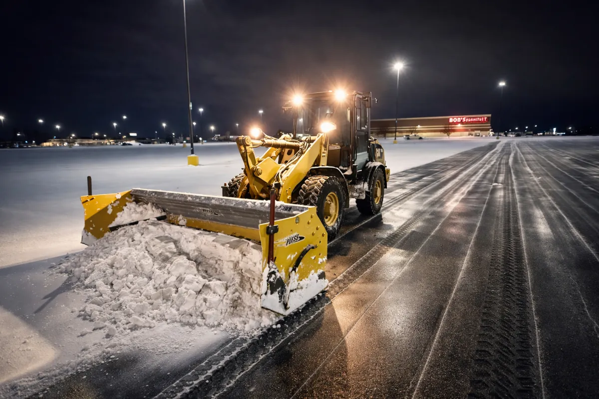 Snow plow clearing snow from an asphalt driveway during winter.