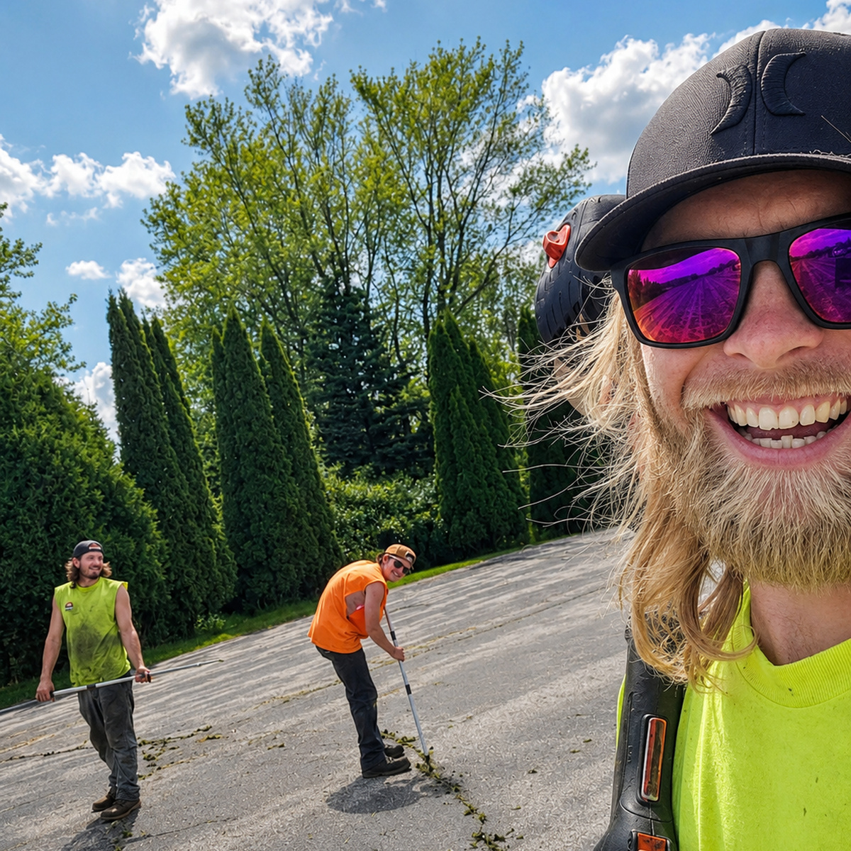 Repair crew patching cracks in a paved driveway on a sunny day in Green Bay, Wisconsin.
