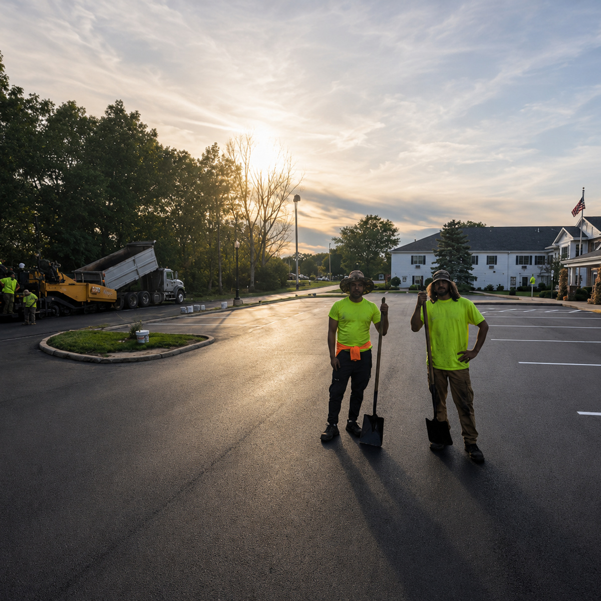 Asphalt repair crew cleaning cracks in a Green Bay driveway during professional driveway maintenance.