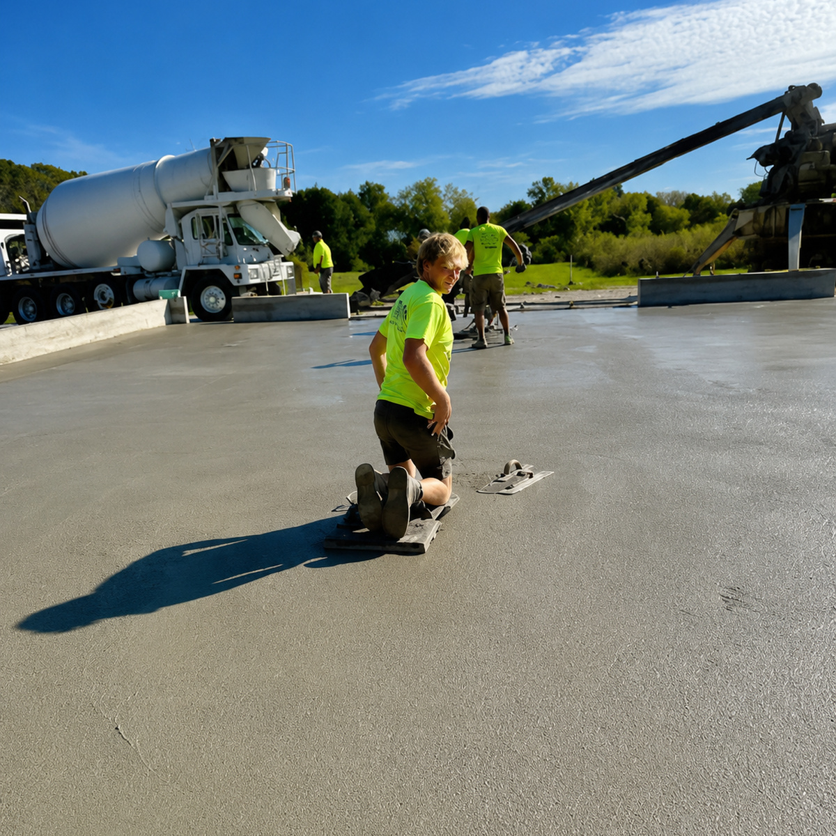 Professional concrete crew finishing a large freshly poured concrete slab in Green Bay, Wisconsin