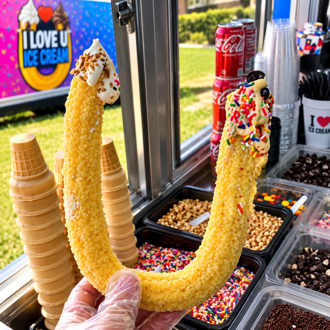 Our signature U-Cone soft serve with colorful sprinkles at the topping bar