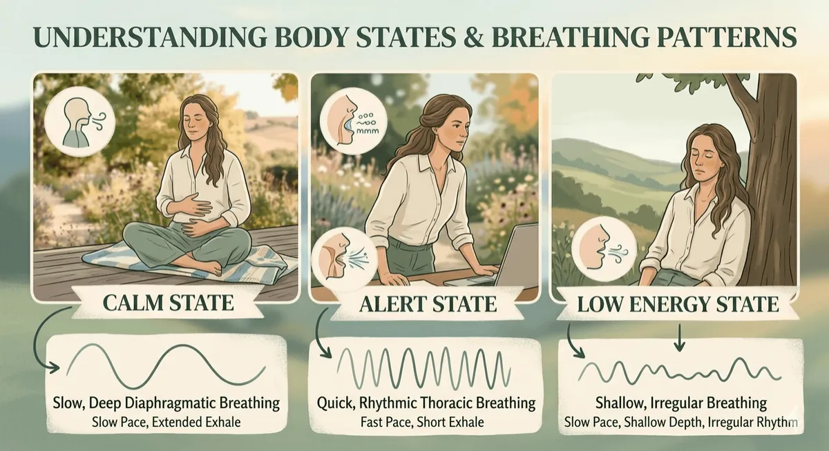 Breathwork analysis between calm state, alert state, and low energy state.