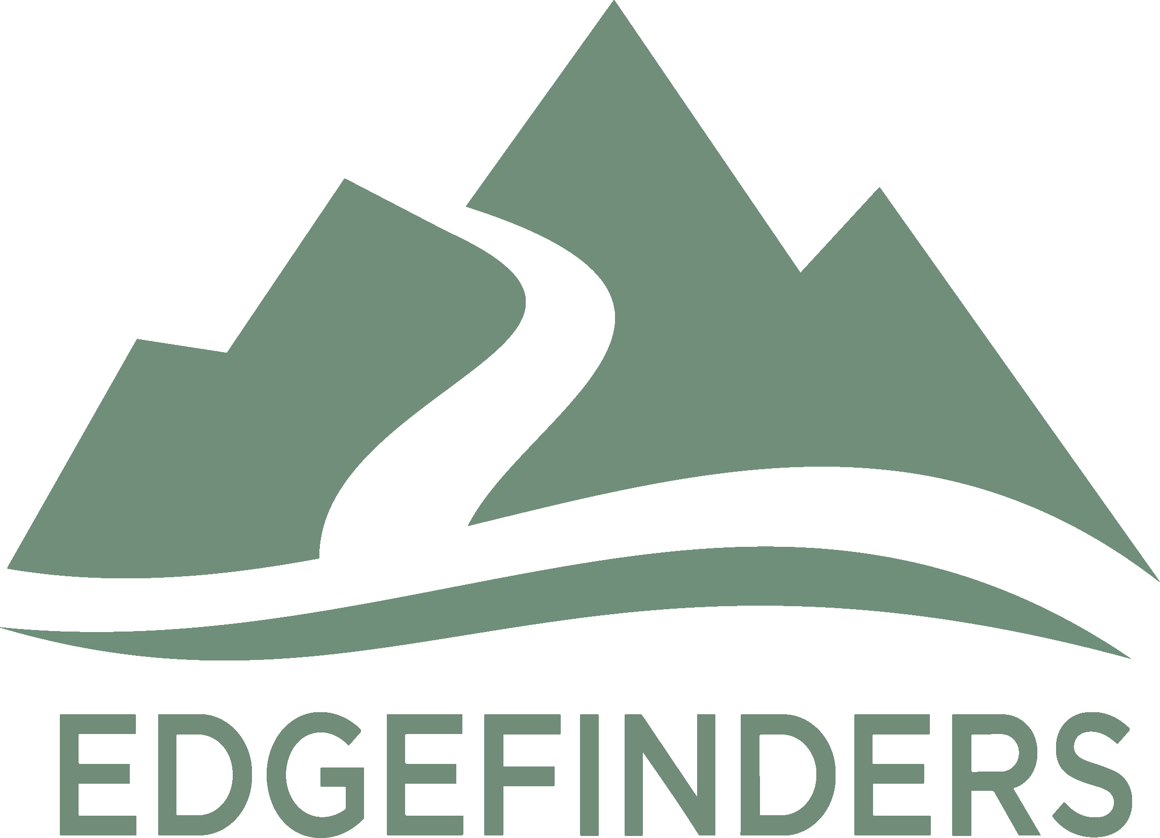 Edgefinders executive coaching and fractional executive services logo features a green mountain range with a cut out of a winding pathway toward the top, a blue river in front, and the name Edgefinders