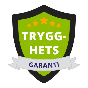 Sköldformad symbol med texten "TRYGGHETSGARANTI"