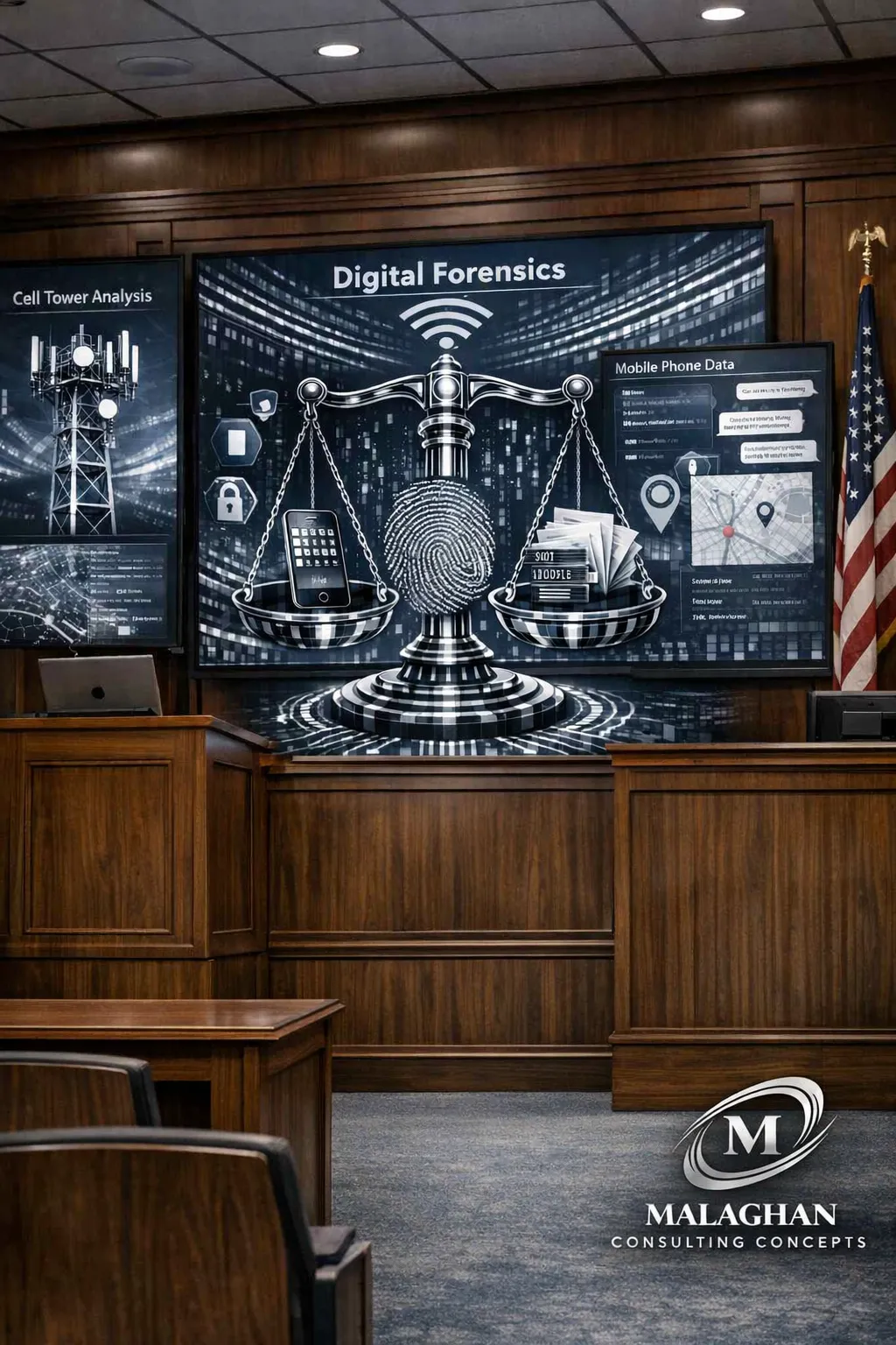 A small team of analysts and a prosecutor collaborating over a large screen displaying call records and geolocation plots, photorealistic scene.