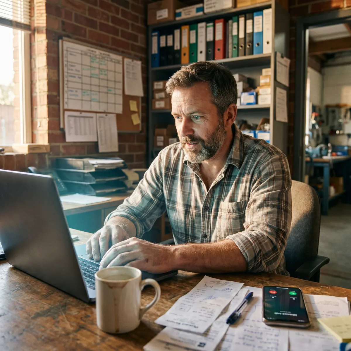 Small business owner working on a laptop in a busy back-office, with a missed call visible on his phone screen, coffee mug, handwritten notes, and shelves of files in the background.