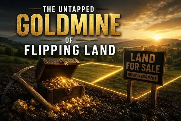 The Untapped Goldmine of Flipping Land podcast artwork featuring a treasure chest full of gold on rural land with a land for sale sign at sunset, symbolizing profitable land investing opportunities
