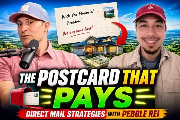 Podcast episode featuring Travis King and Jessey Kwong discussing direct mail marketing strategies, postcards, and lead generation for land flipping businesses