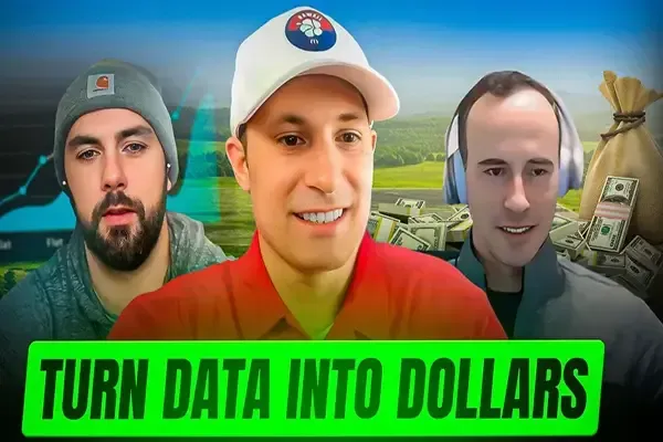 Podcast episode featuring Travis King, Max Edson, and Ryan Doucet discussing data-driven land investing, analytics, and turning land data into profitable deals
