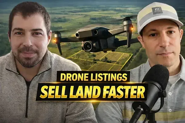 Podcast episode featuring Travis King and Michael Apke discussing drone photography, aerial listings, and marketing strategies for selling land faster