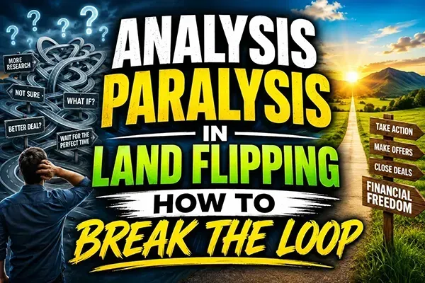 A bold promotional graphic about analysis paralysis in land investing. On the left, a person faces a chaotic knot of thoughts surrounded by signs reading “More Research,” “Not Sure,” and “Better Deal?” On the right, a straight road leads toward a bright sunrise with signs pointing to “Take Action,” “Make Offers,” “Close Deals,” and “Financial Freedom,” symbolizing the path from hesitation to success
