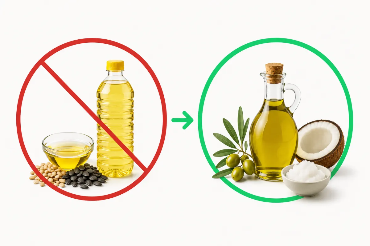 Comparison graphic showing unhealthy seed oils on the left and healthier oil alternatives on the right.