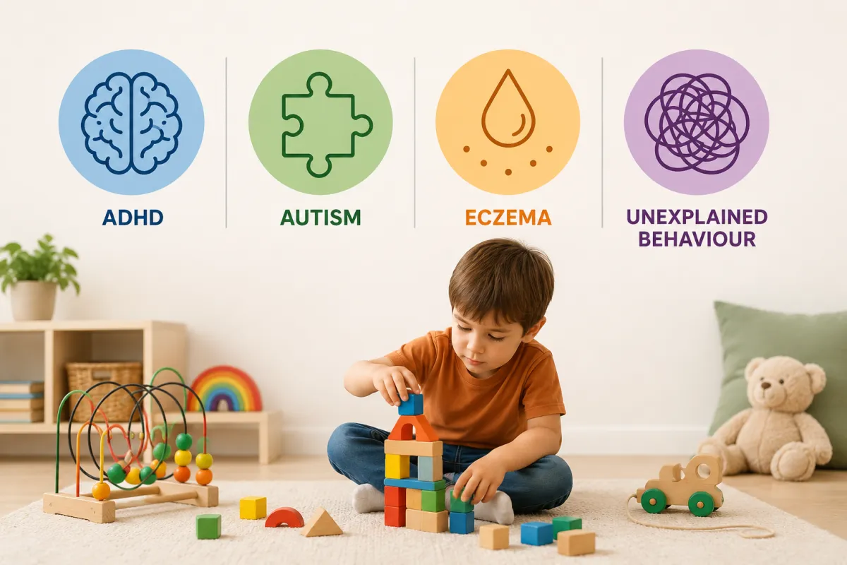 A young child sits on a soft rug in a calm playroom, stacking colorful wooden blocks while educational toys and a teddy bear surround the space. Above the child are four large circular icons with labels representing ADHD, Autism, Eczema, and Unexplained Behaviour.