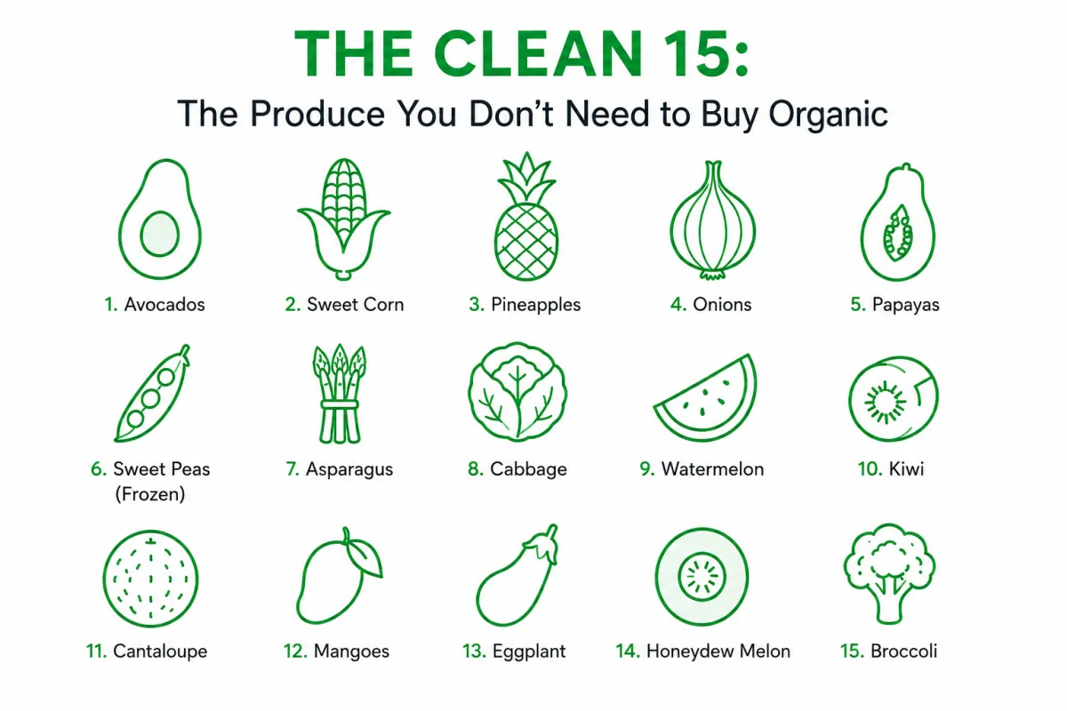 Minimalist infographic about ‘The Clean 15’ featuring green produce icons, a message about organic food labels, and simple food safety symbols on a clean white background.