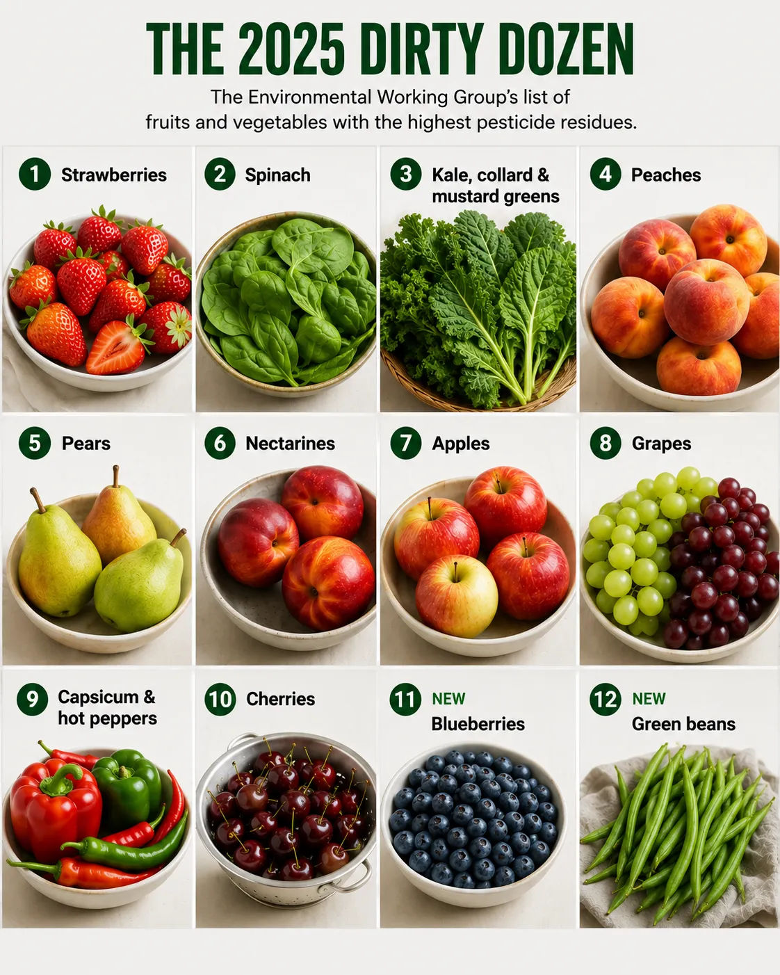An infographic titled "The 2025 Dirty Dozen" displays twelve fruits and vegetables identified as having the highest pesticide residue levels according to the Environmental Working Group.