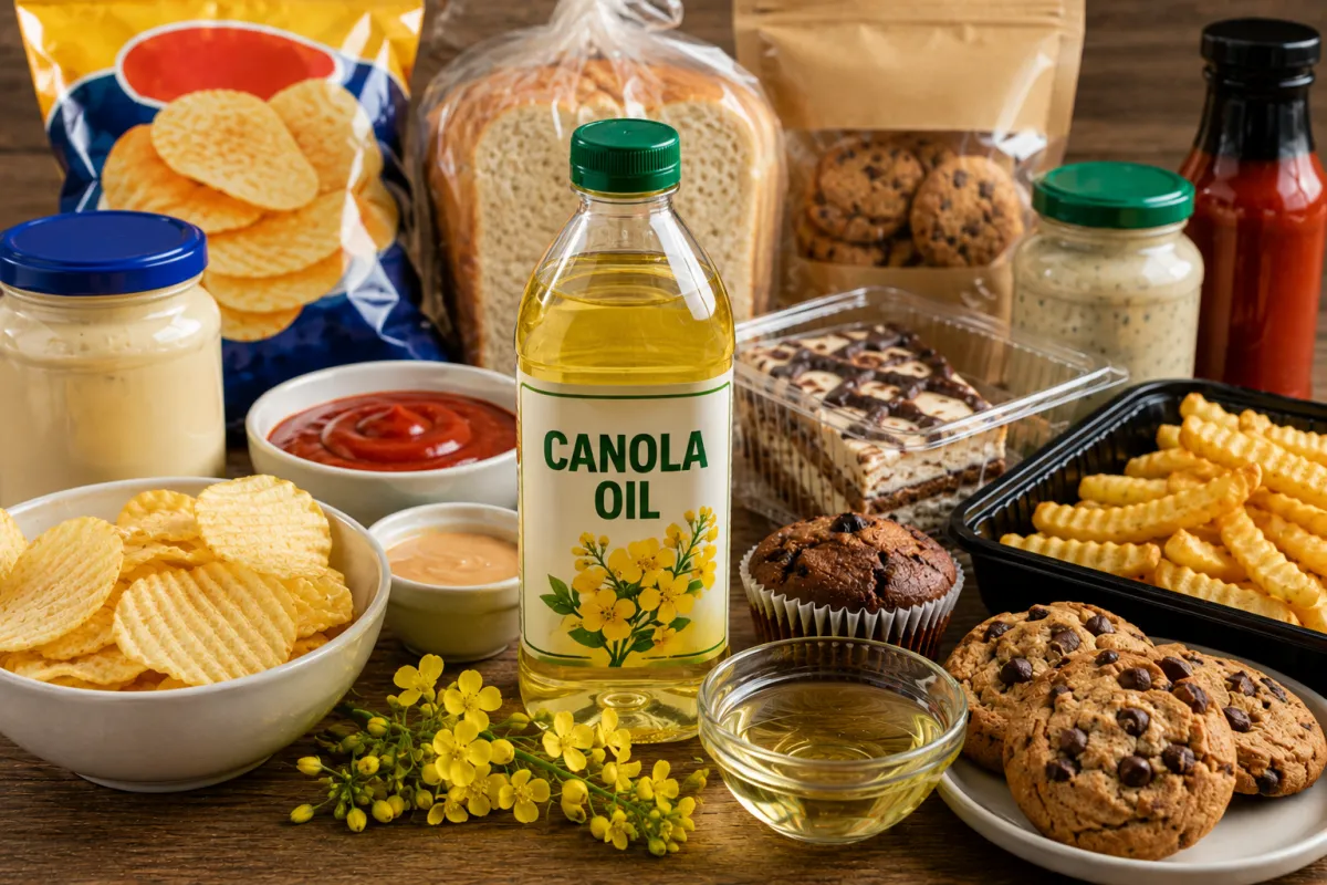 A bottle labeled "Canola Oil" sits at the center of a wooden table, surrounded by common foods made with or cooked in canola oil, including potato chips, bread, cookies, sauces, fries, baked goods, and packaged snacks, with yellow canola flowers placed in front of the bottle.