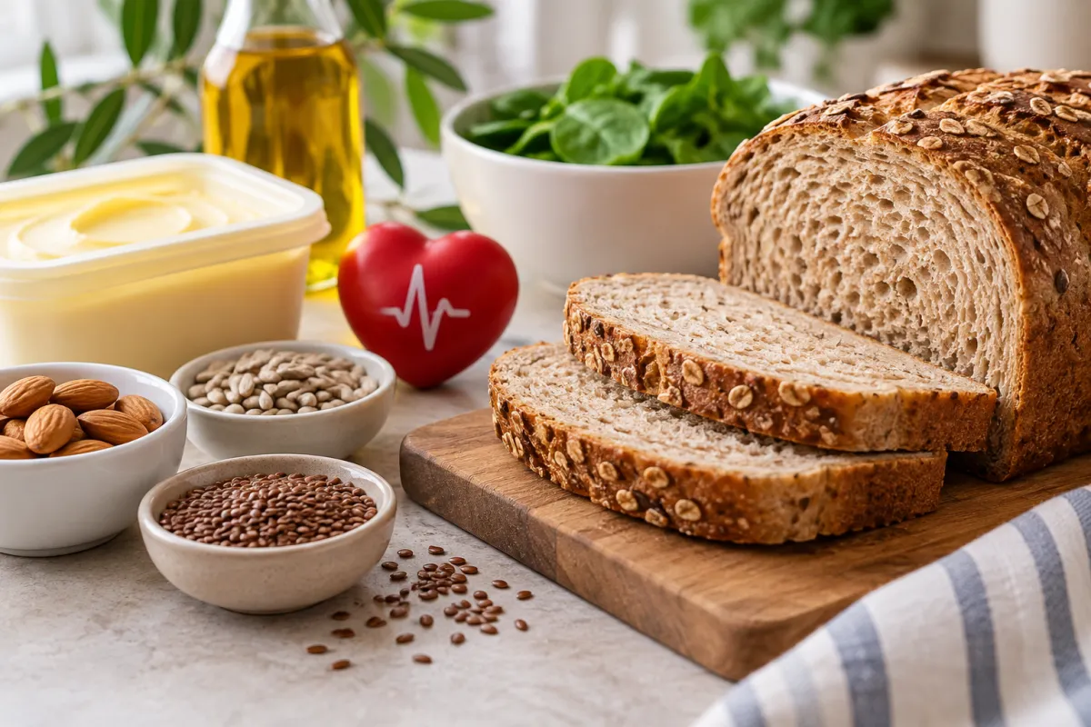 A loaf of whole-grain seeded bread with slices on a wooden board, surrounded by a healthy spread, nuts, seeds, olive oil, leafy greens, and a heart-shaped symbol representing heart health