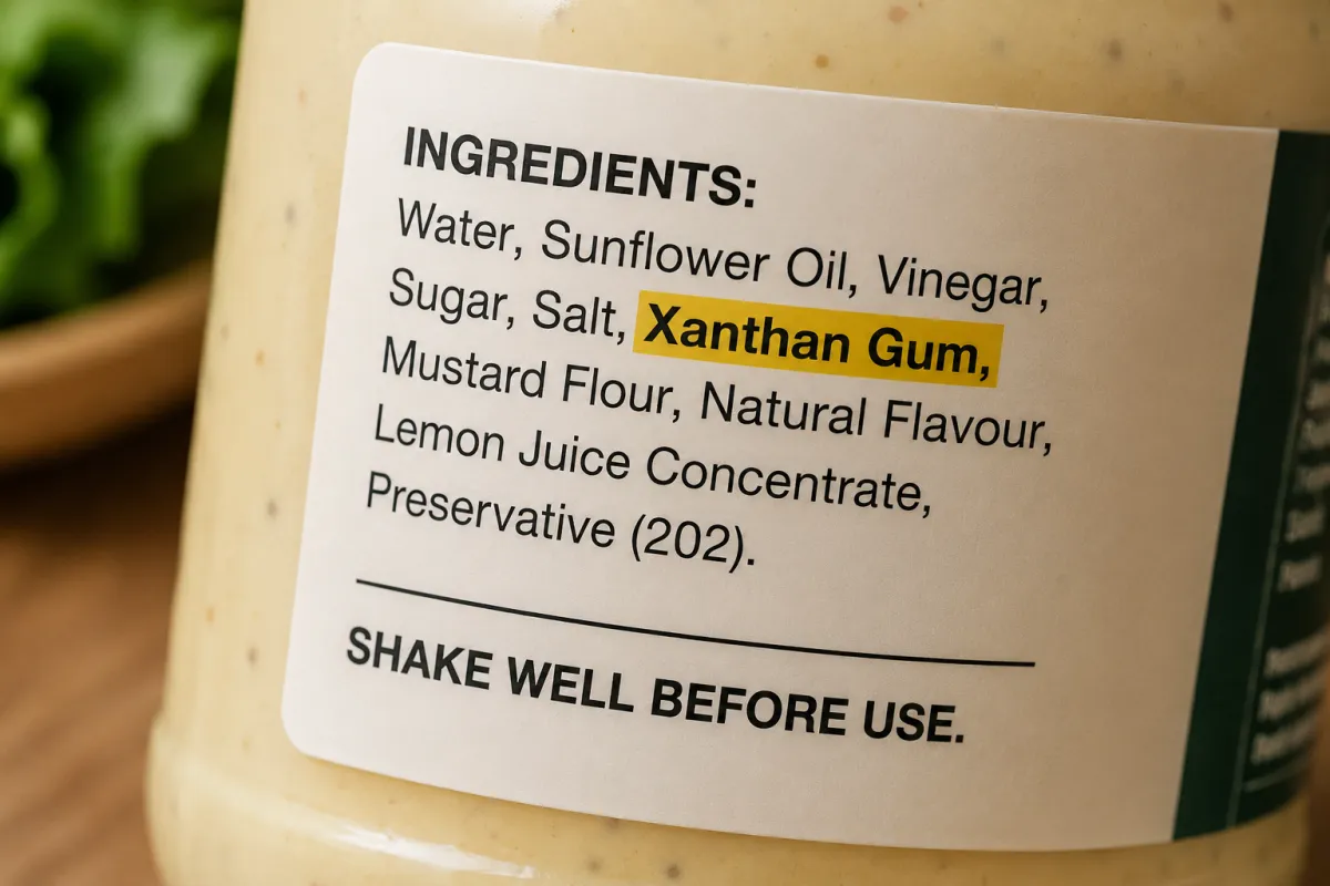 Close-up of a food label listing ingredients, with “xanthan gum” highlighted to show its presence in the product.