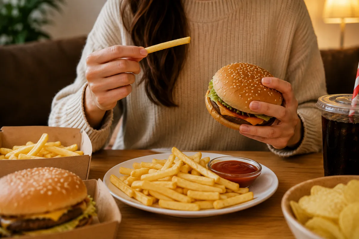 A person holding a burger and French fry, with additional burgers, fries, ketchup, chips, and a soft drink on a table.