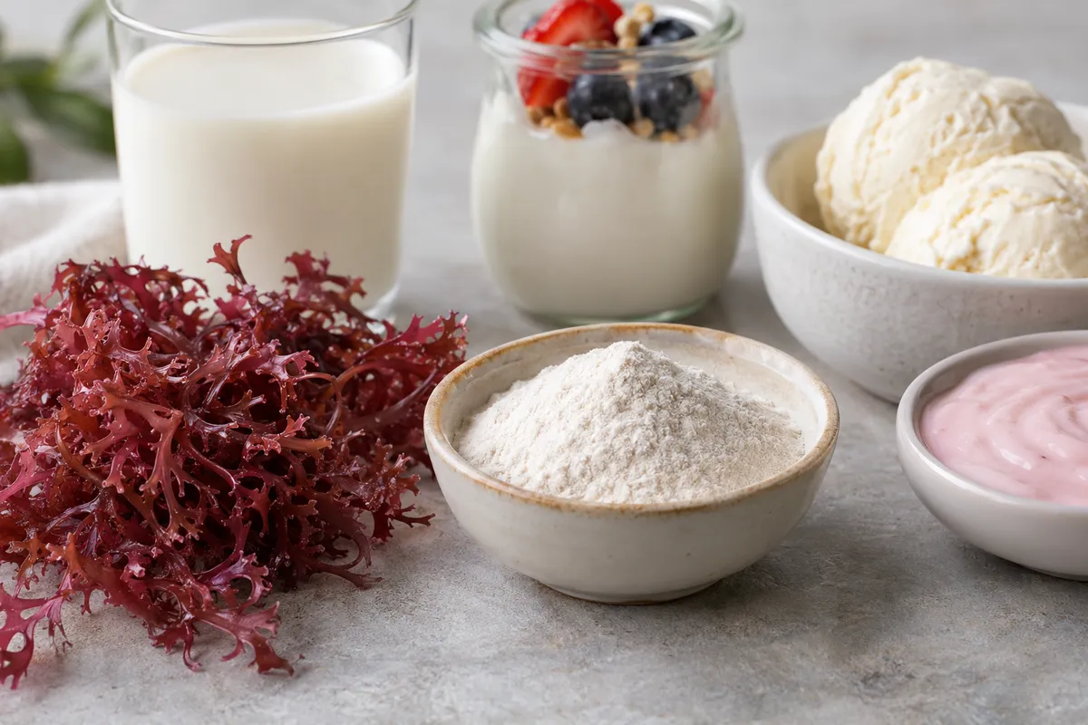 Carrageenan powder made from red seaweed displayed beside fresh seaweed, milk, yoghurt, and ice cream on a neutral tabletop.