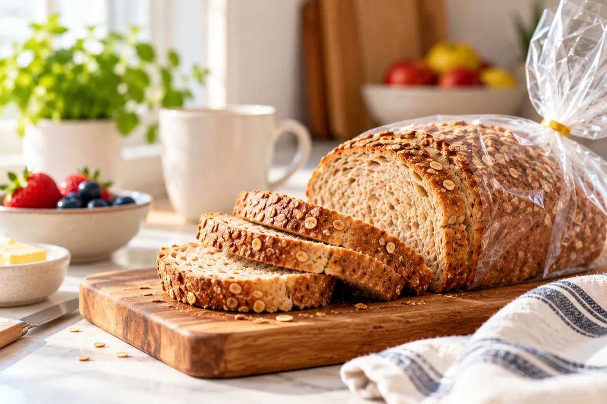A freshly sliced multigrain bread loaf on a wooden cutting board in a sunlit kitchen, surrounded by fresh berries, butter, a mug, and a striped tea towel.