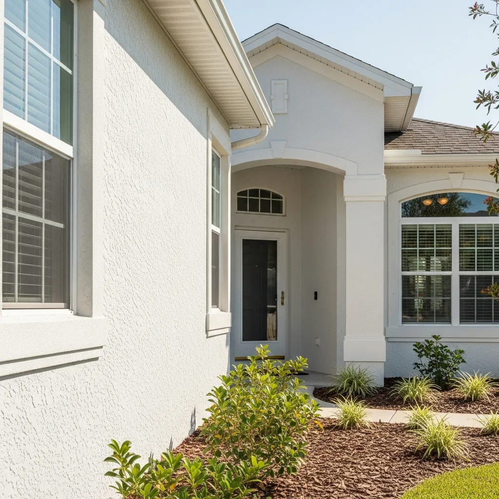 Well-maintained Florida stucco home exterior with windows landscaping and bright daylight