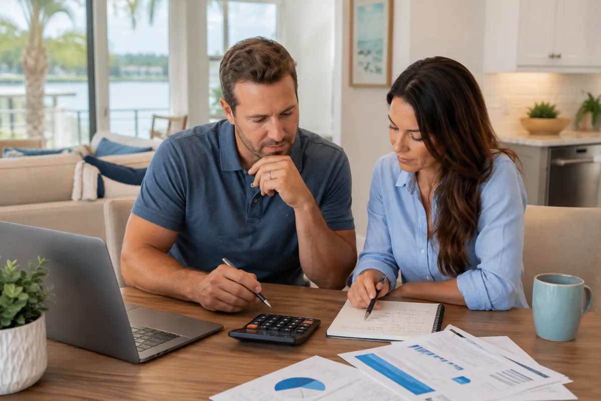 Couple reviewing a budget with a calculator and paperwork in a bright coastal home while planning how much house they can afford.