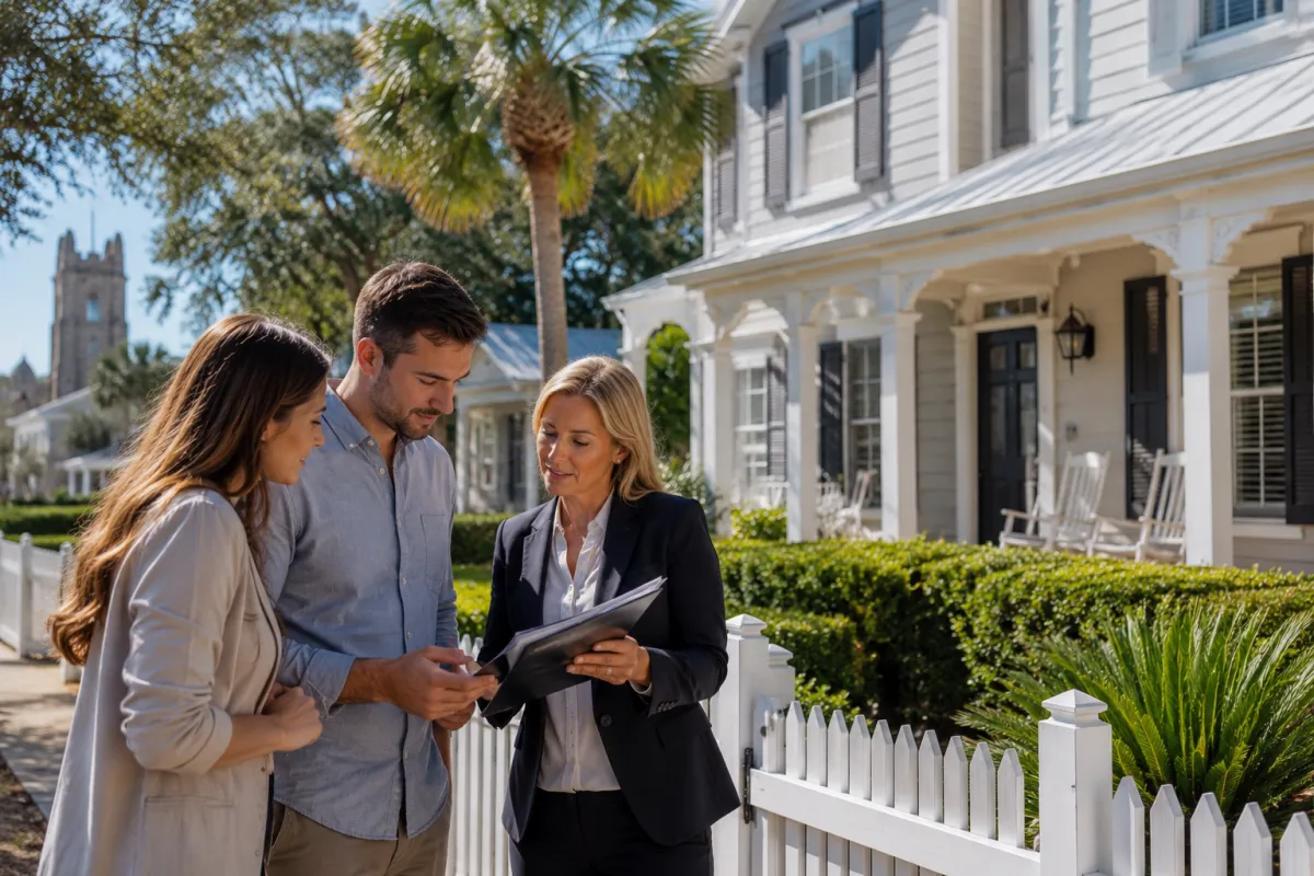 Real estate agent helping buyers evaluate a St. Augustine home before making an offer