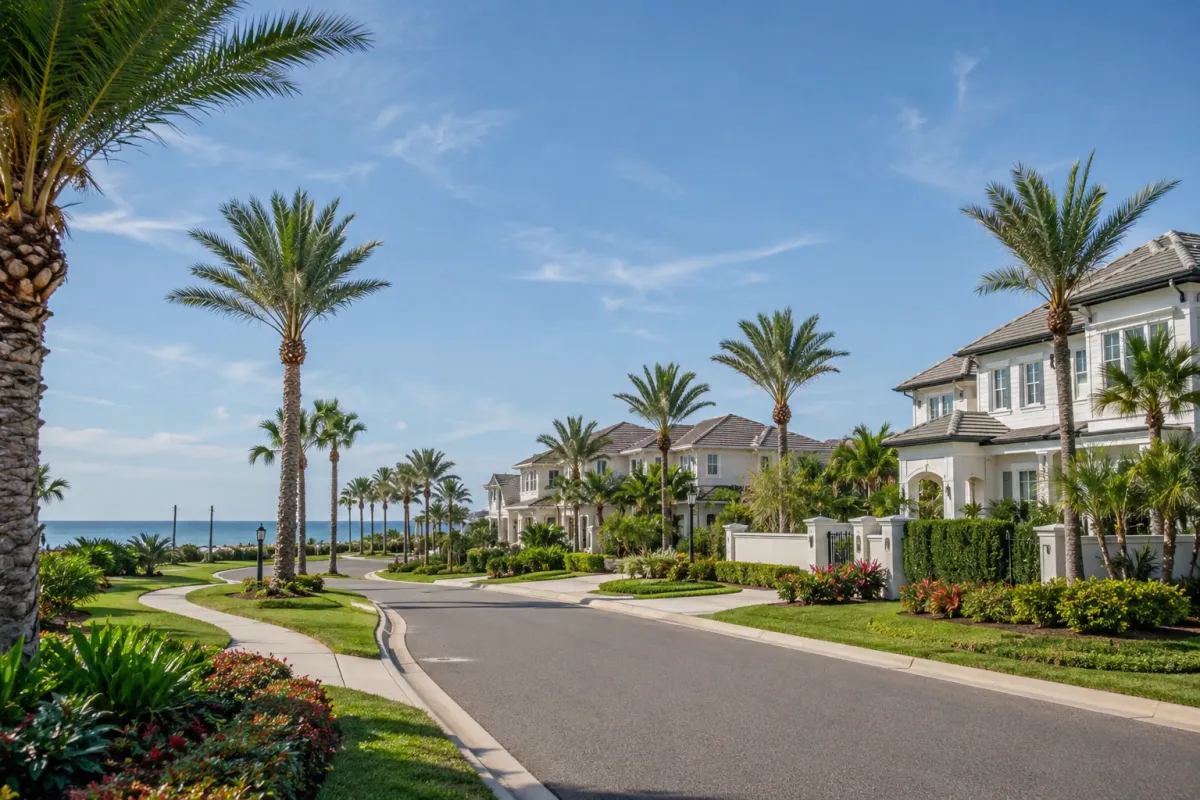 Upscale Ponte Vedra neighborhood with palm trees and coastal homes
