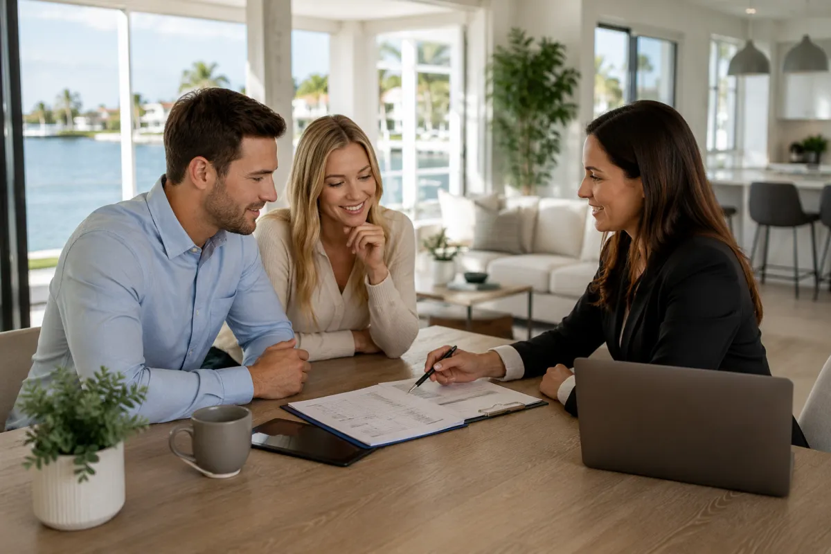 Real estate agent meeting with a couple at a waterfront home to review strategy and buying opportunities.