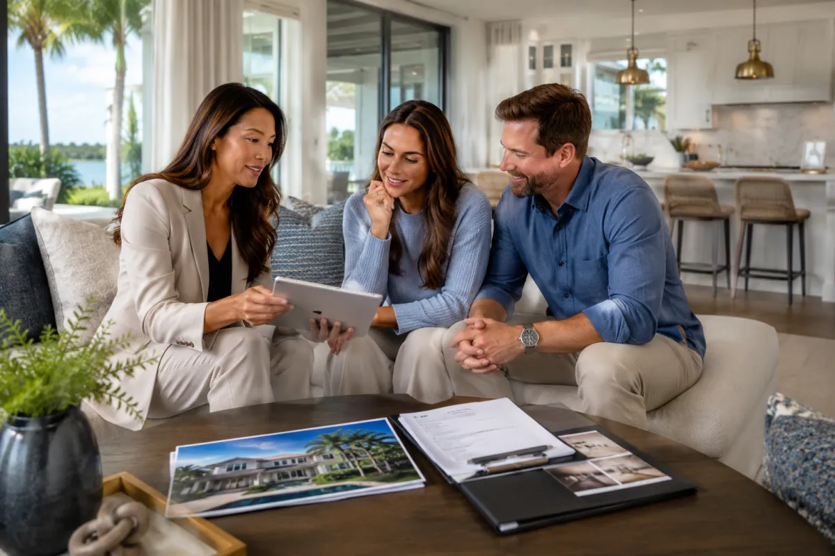 Real estate agent reviewing offer strategy with buyers in a Northeast Florida home