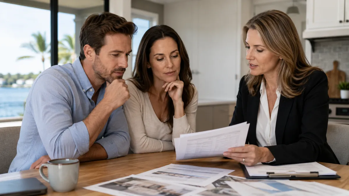 Home sellers reviewing offer documents with a real estate professional at a table
