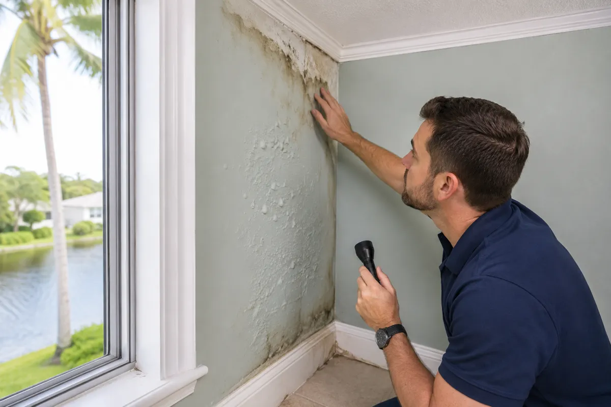Inspector examining interior wall water damage and staining near a window.
