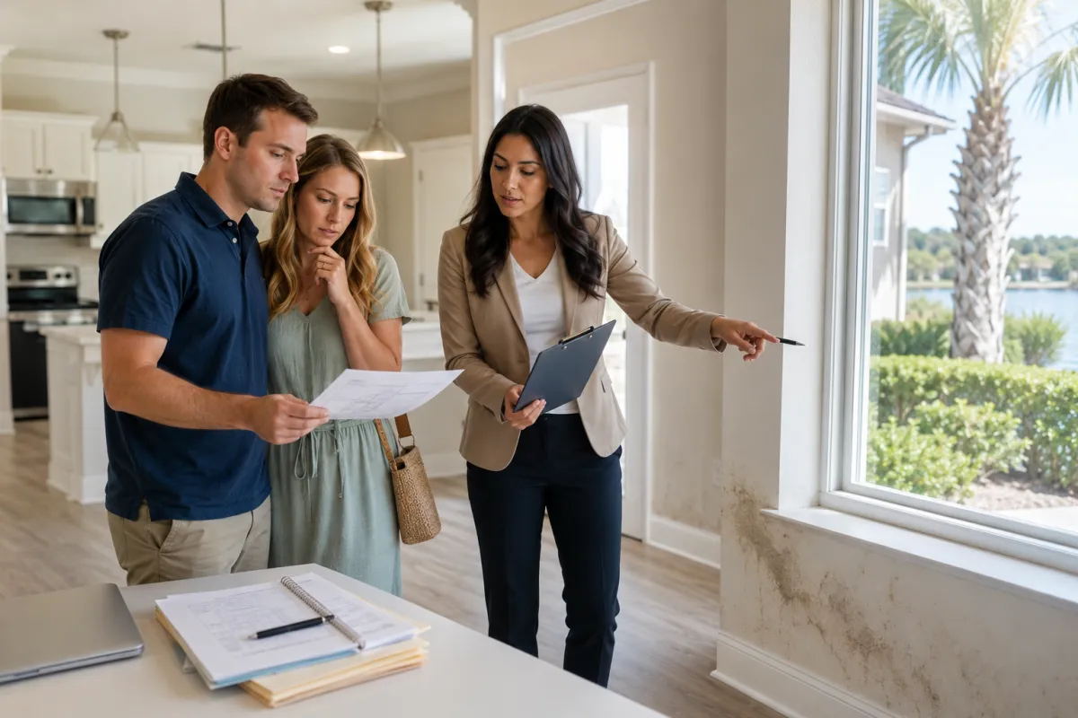 First time buyers reviewing overlooked home details with a real estate agent in Northeast Florida