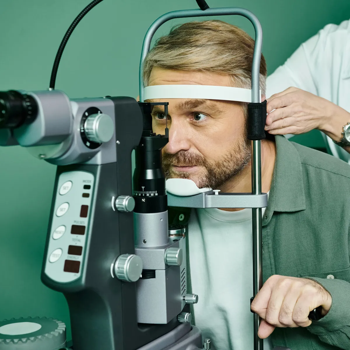 Man undergoing a slit lamp vision test at an eye clinic