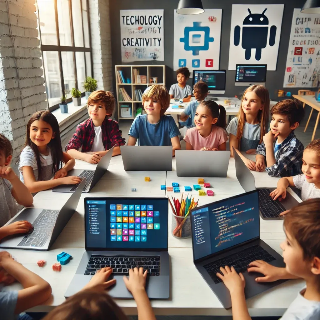 <img source='KidsWhoCodeBlog_img.png' alt='Excited kids gathered around with laptops during an app development class'. />