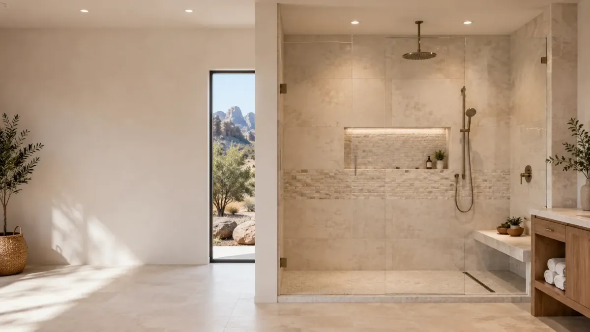 Custom walk-in shower installation in Goodyear AZ with frameless glass, large-format tile, rainfall showerhead, niche, and built-in bench