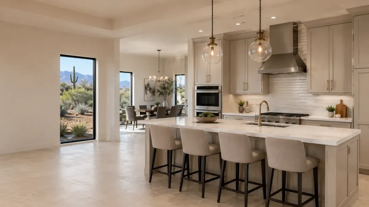 Cabinet refacing in Goodyear AZ with refreshed shaker cabinets, quartz countertops, modern hardware, and bright transitional kitchen design