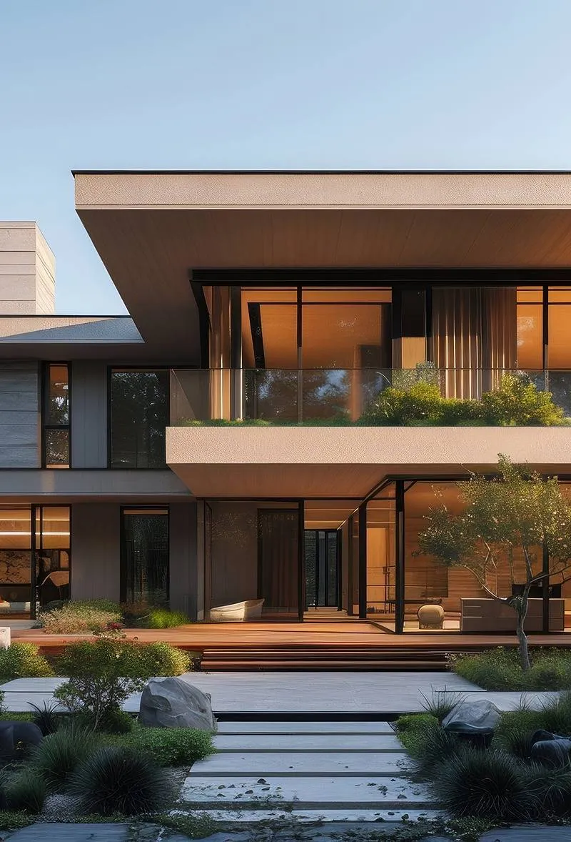 A contemporary two-storey house with a flat roof, floor-to-ceiling glass windows and a landscaped front garden with stepping stones and low shrubs, photographed at dusk