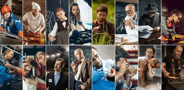 Professional working at a desk, focused on a laptop in a bright modern office.