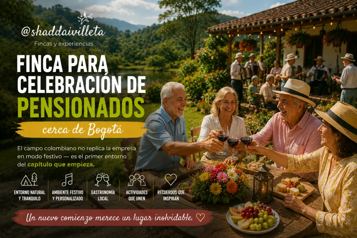 Finca para celebración de pensionados cerca de Bogotá: el campo colombiano no replica la empresa en modo festivo — es el primer entorno del capítulo que empieza