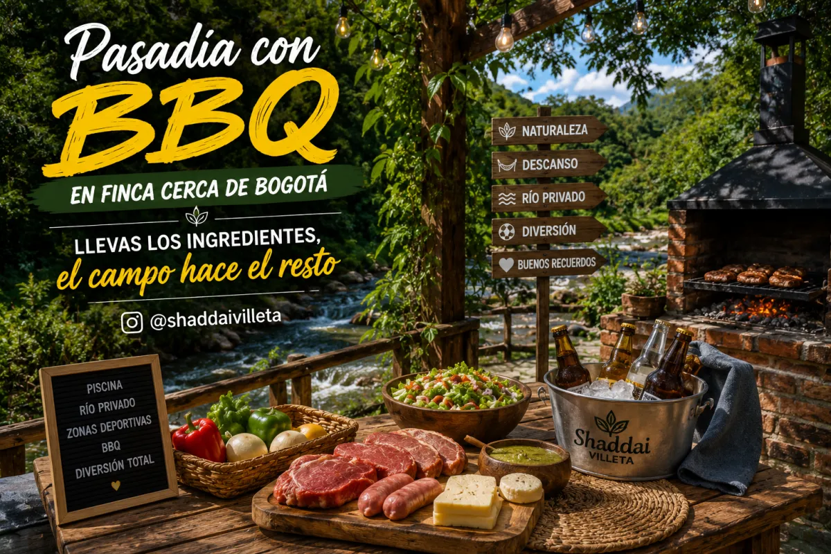 Pasadía con BBQ en finca cerca de Bogotá: llevas los ingredientes, el campo hace el resto — porque el apartamento tiene el vecino del piso 3 y el campo tiene el jardín tropical, el kiosko y la piscina para después