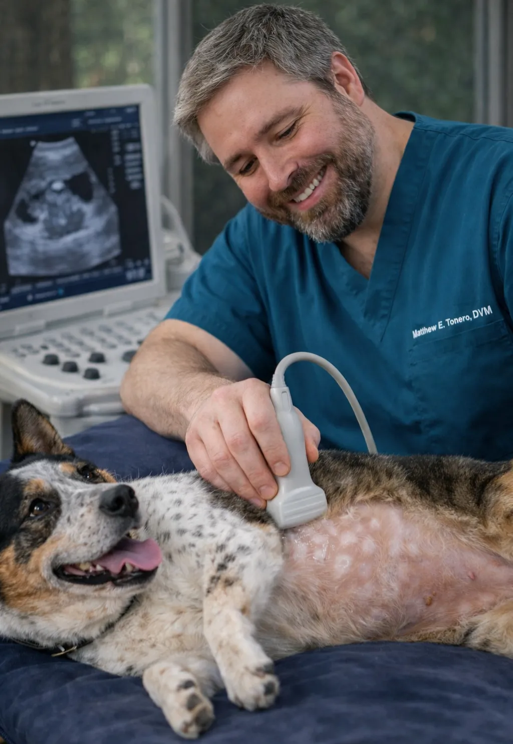 Veterinarian performing abdominal ultrasound on a pet, showcasing advanced diagnostic services at Compassionate Veterinary Care.