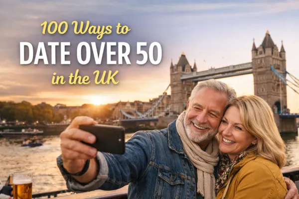 Happy couple over 50 taking a selfie by the river in London at sunset