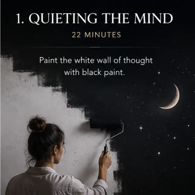 A calming hypnosis recording cover showing a woman painting over a white wall with black paint beneath a crescent moon, symbolising quieting racing thoughts before sleep.