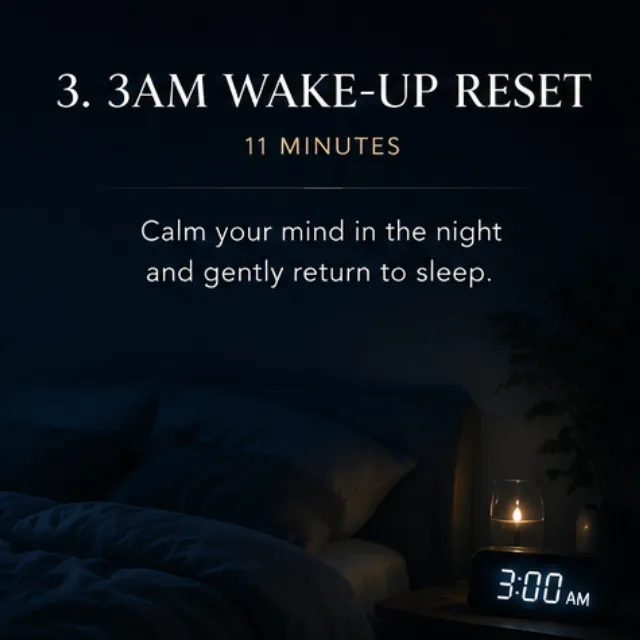 A dark bedroom with a glowing 3am clock beside the bed, representing a sleep hypnosis recording for calming the mind and returning to sleep after waking in the night.