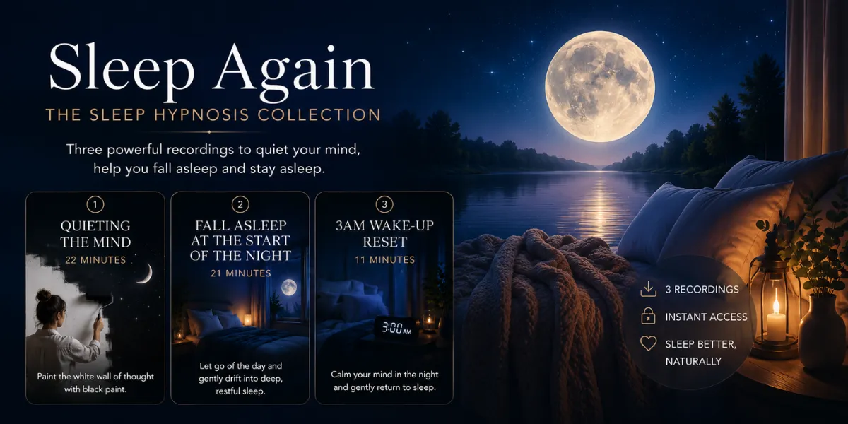 A relaxing nighttime scene featuring a moonlit lake and cosy bed, promoting the Sleep Again hypnosis collection with three guided recordings for better sleep and calming overthinking.