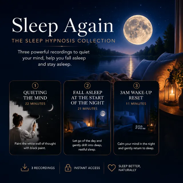 A calming hypnosis recording cover showing a woman painting over a white wall with black paint beneath a crescent moon, symbolising quieting racing thoughts before sleep.