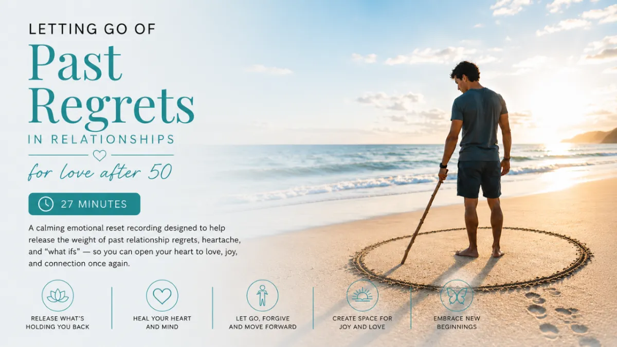 Man drawing a circle in the sand on a peaceful beach, representing letting go of the past, releasing regrets and moving forward.