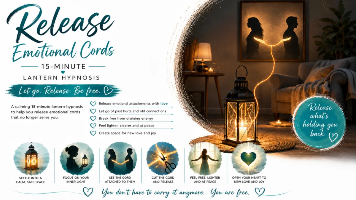 Release Emotional Cords hypnosis recording featuring a glowing lantern and an emotional cord being gently released to create freedom and emotional healing.